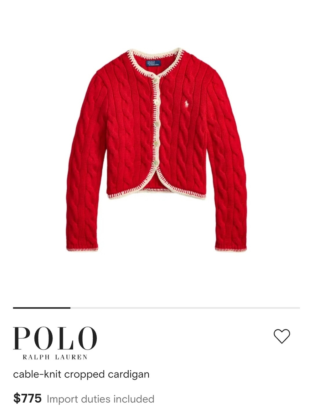 Polo by Ralph Lauren Red Cable-Knit Cropped Cardigan with Cream Trim
